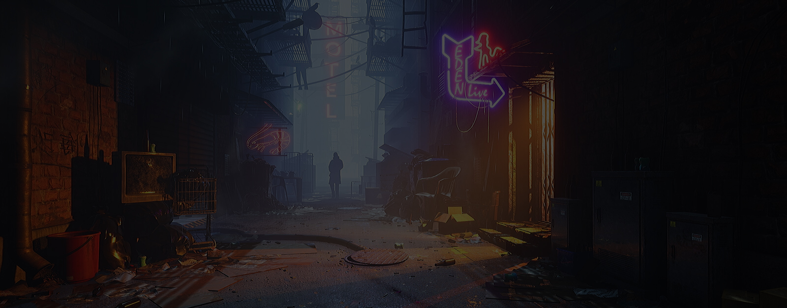Ett verk föreställande en scen från mörk gränd med neonskyltar skapad av en studerande inom spelutveckling på The Game Assembly