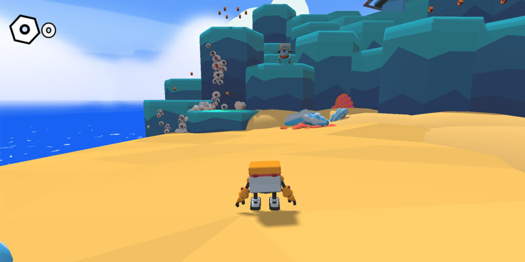Ett ögonblickbild föreställande en fiktiv robot på en strand från spelet A long walk skapat av studerande på The Game Assembly
