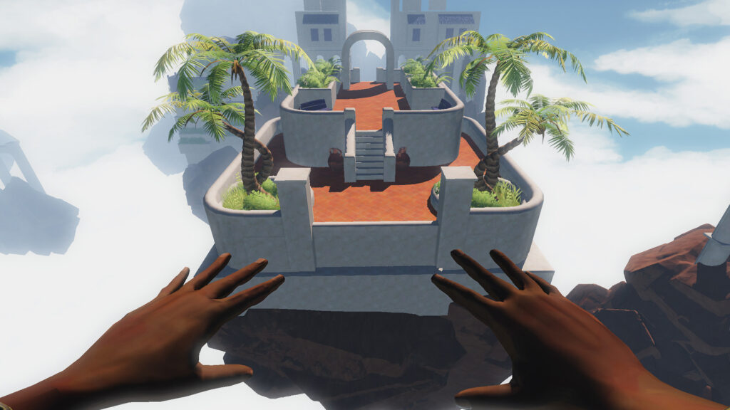 Ett ögonblickbild föreställande en mänsliga händer som sträcker sig efter en världen från spelet Skytravller skapat av studerande på The Game Assembly