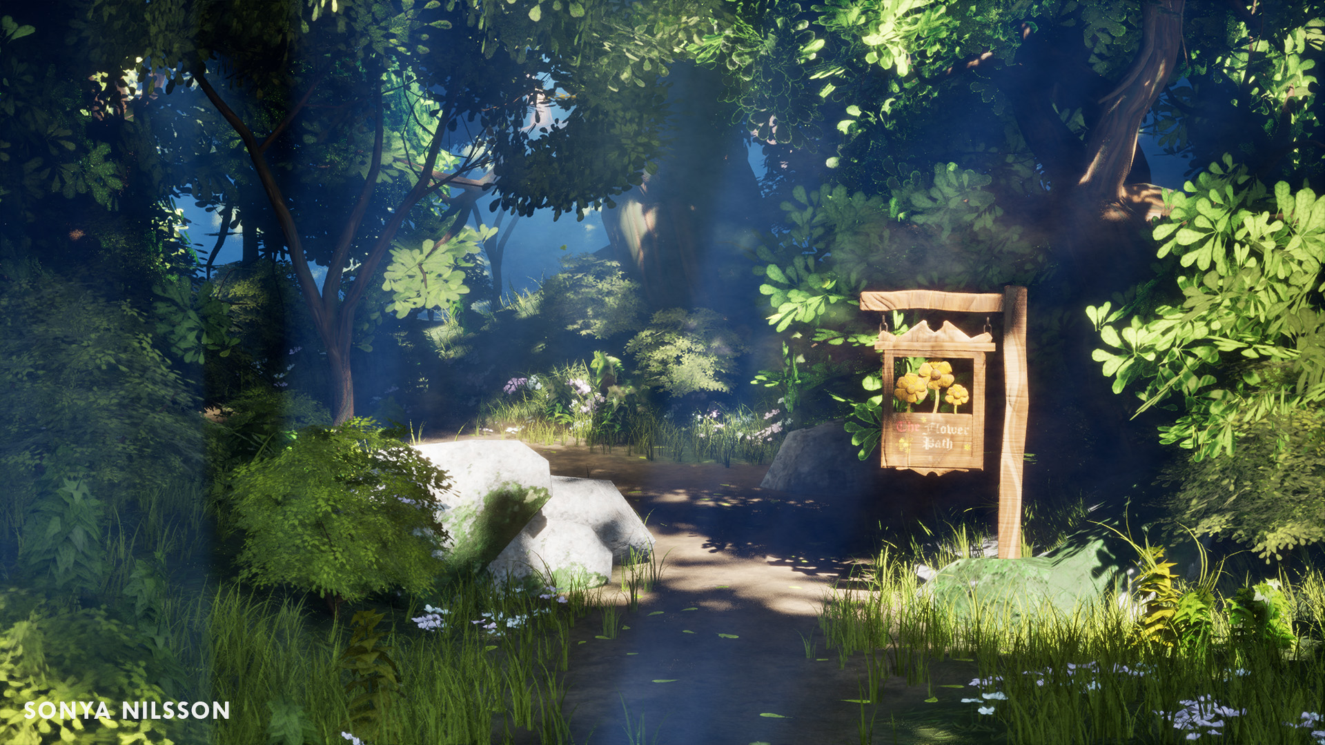 Studerandeverk skapad av Sonya Nilsson 2024 föreställande en skogstig och skylt gjord i trä, utsmyckad med blommor, där det står "the flower path".