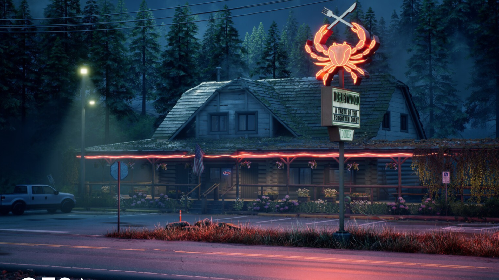 Student artwork showing the exterior of a house by the roadside with a crab sign, created as part of their studies at TGA.